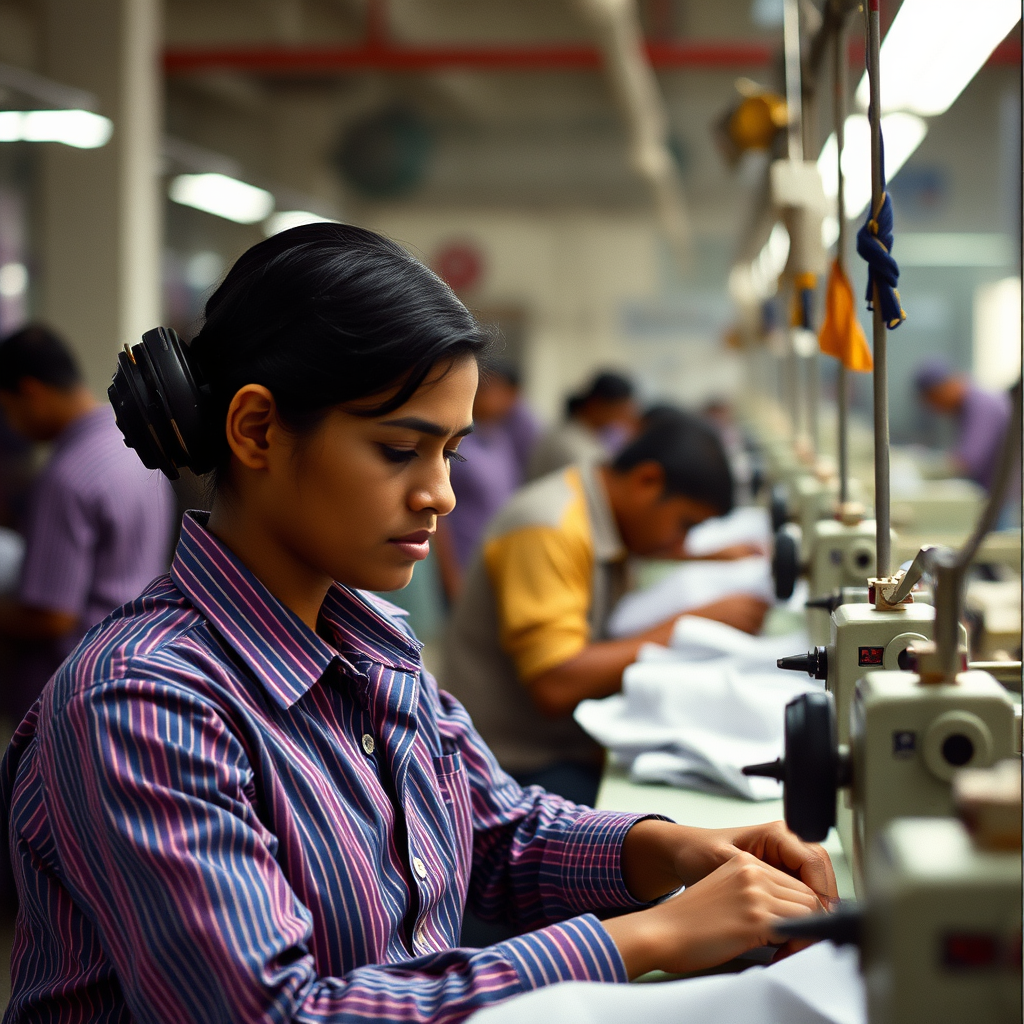 a garment factory in India with workers making shirts, workers in uniform